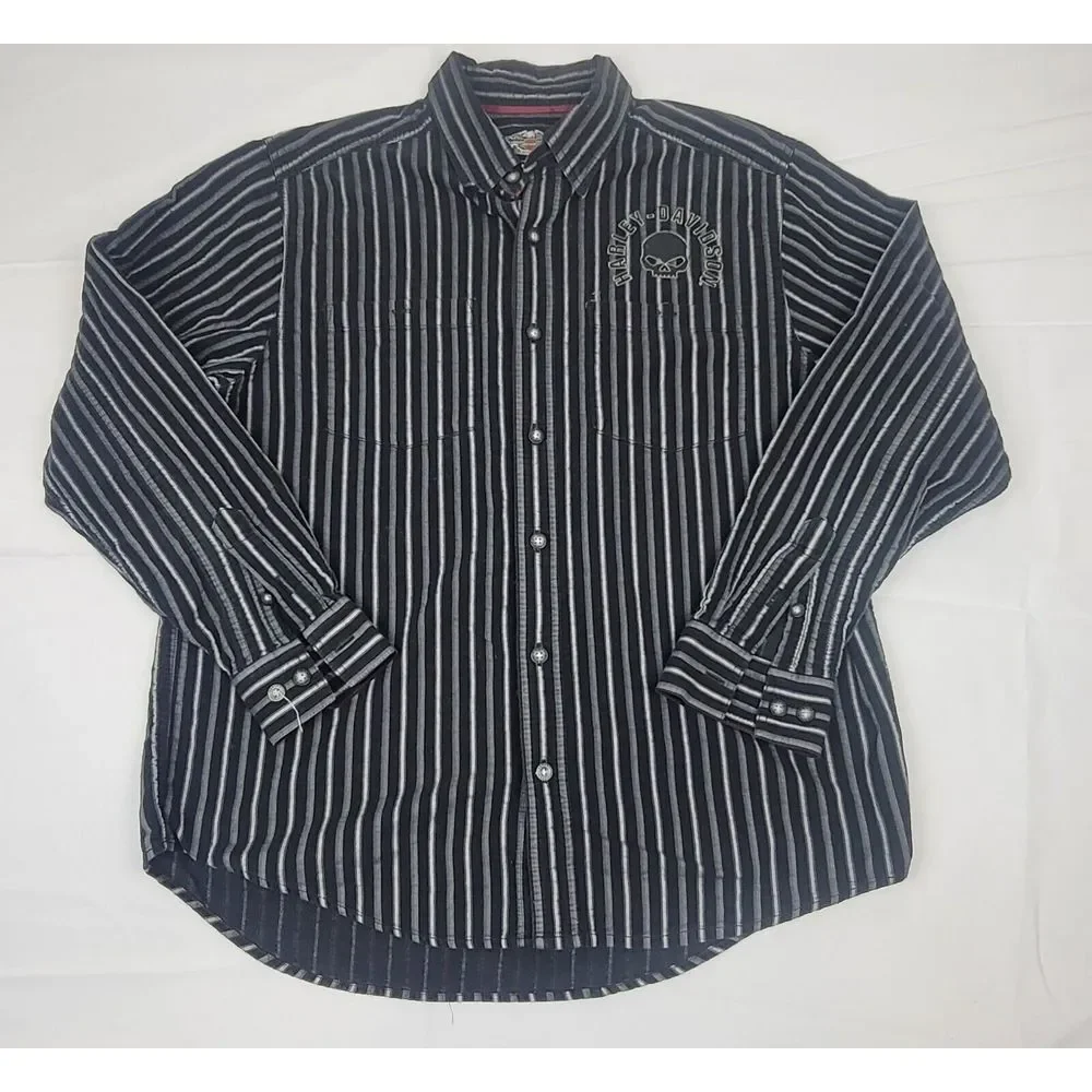 Harley Davidson Button Up Shirt‎ Mens Large. Vintage Black Striped Longsleeve.